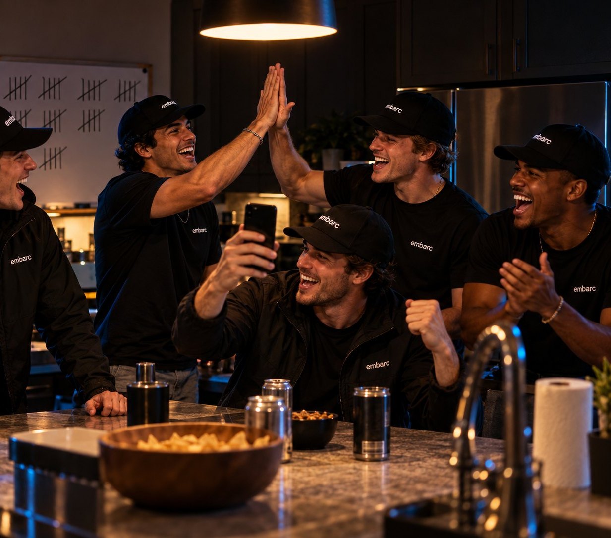 Embarc blitz crew celebrating in the crew house after a day on doors
