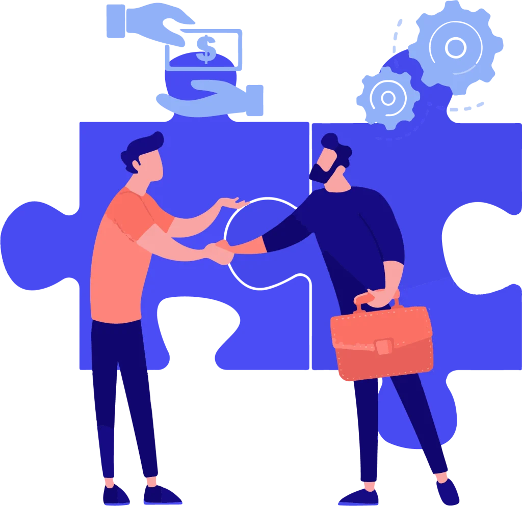 men shaking hands in fron of puzzle pieces illustration